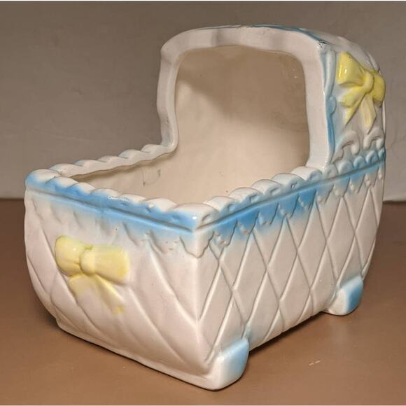 Giftwares Co Nancy Pew Baby Cradle Bassinet Planter Blue White Yellow Bows - Picture 2 of 8